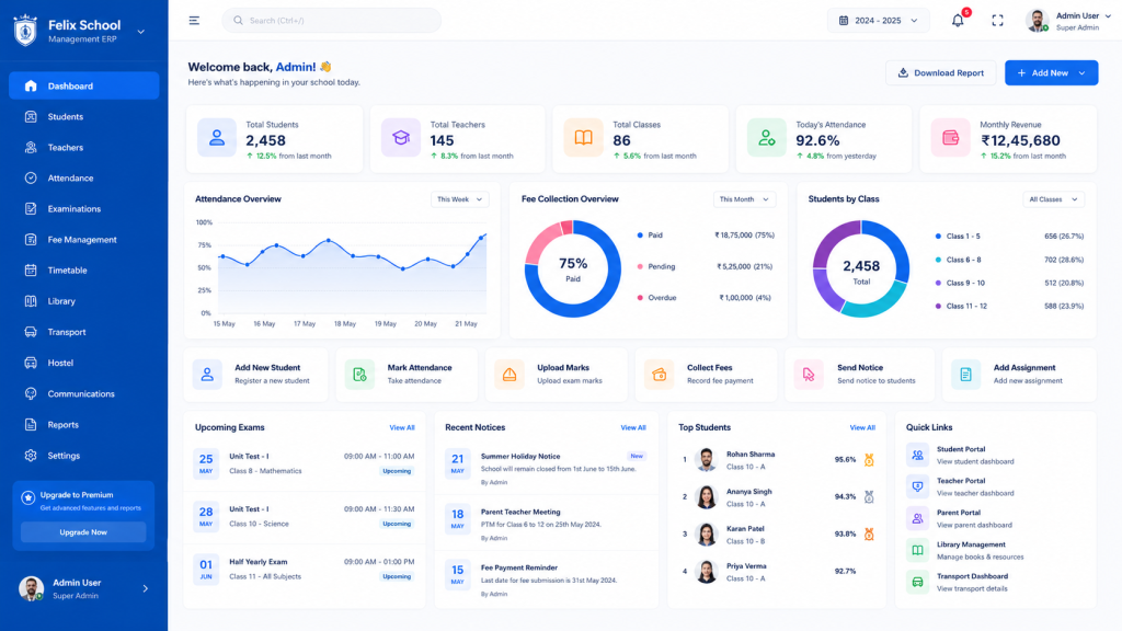 felix technologies school management erp dashboard