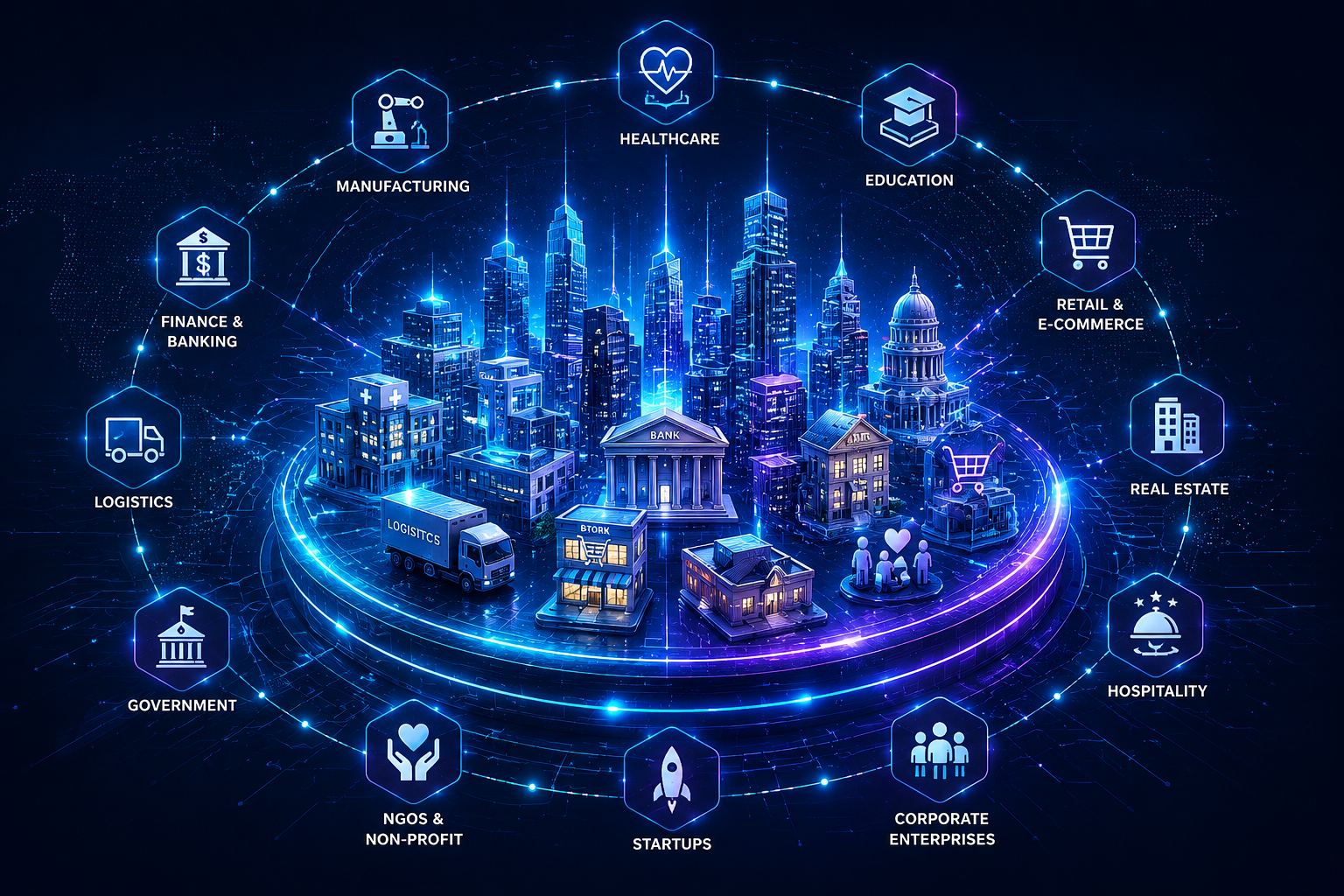 Connected digital industry ecosystem for healthcare, education, manufacturing, finance, retail, real estate and enterprise solutions